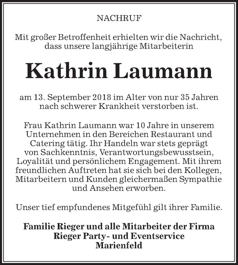  Traueranzeige für Kathrin Laumann vom 19.09.2018 aus Die Glocke
