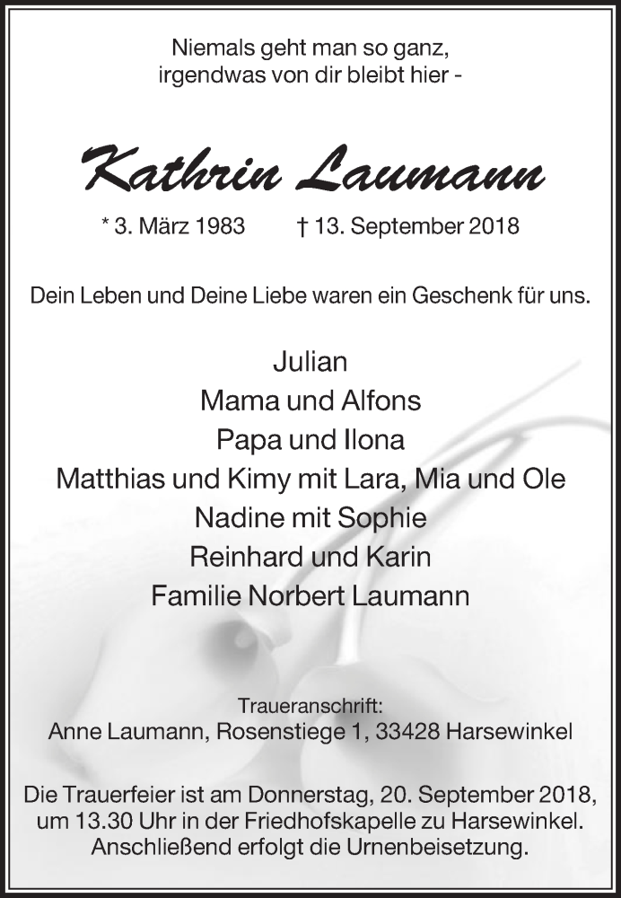  Traueranzeige für Kathrin Laumann vom 18.09.2018 aus Die Glocke