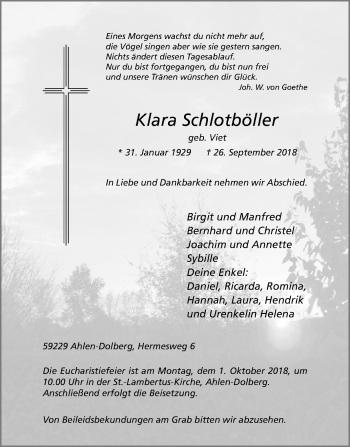 Traueranzeige von Klara Schlotböller von Die Glocke