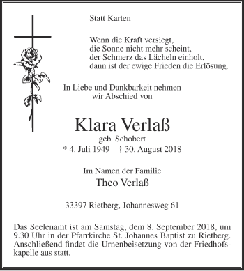 Traueranzeige von Klara Verlaß von Die Glocke