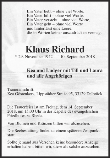 Traueranzeige von Klaus Richard von Die Glocke