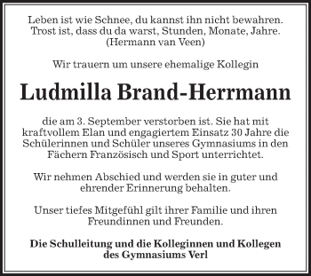 Traueranzeige von Ludmilla Brand-Herrmann von Die Glocke