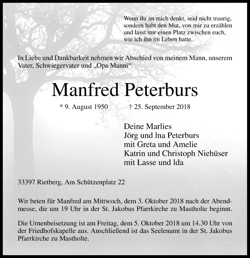  Traueranzeige für Manfred Peterburs vom 28.09.2018 aus Die Glocke