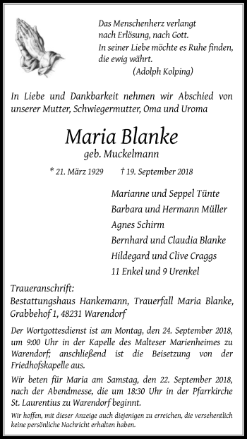 Traueranzeige von Maria Blanke von Die Glocke