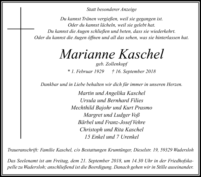  Traueranzeige für Marianne Kaschel vom 19.09.2018 aus Die Glocke