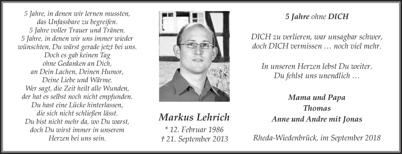  Traueranzeige für Markus Lehrich vom 21.09.2018 aus Die Glocke