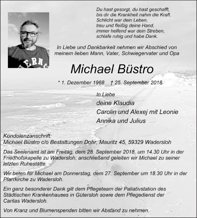  Traueranzeige für Michael Büstro vom 26.09.2018 aus Die Glocke
