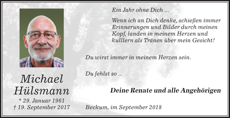 Traueranzeige für Michael Hülsmann vom 19.09.2018 aus Die Glocke