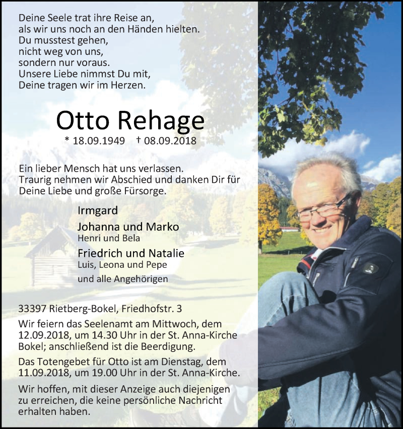  Traueranzeige für Otto Rehage vom 10.09.2018 aus Die Glocke