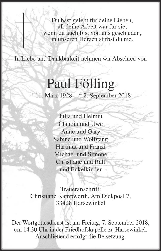  Traueranzeige für Paul Fölling vom 04.09.2018 aus Die Glocke