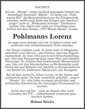 Traueranzeige von Pohlmanns Lorenz von Die Glocke