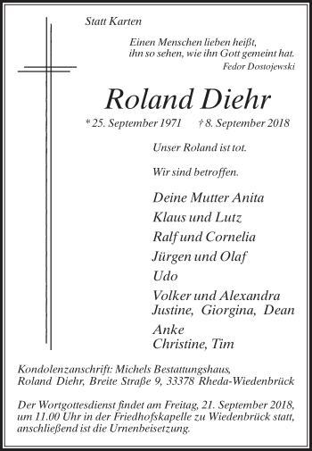 Traueranzeige von Roland Diehr von Die Glocke