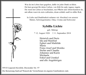 Traueranzeige von Sybilla Lichte von Die Glocke