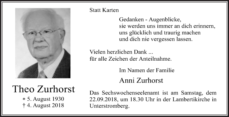  Traueranzeige für Theo Zurhorst vom 19.09.2018 aus Die Glocke