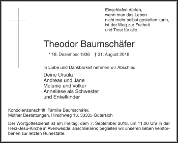 Traueranzeige von Theodor Baumschäfer von Die Glocke