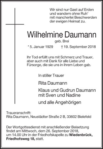 Traueranzeige von Wilhelmine Daumann von Die Glocke