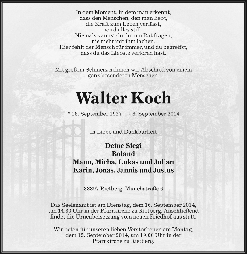 Traueranzeige für Walter Koch vom 26.09.2018 aus 