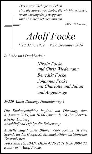 Traueranzeige von Adolf Focke von Die Glocke