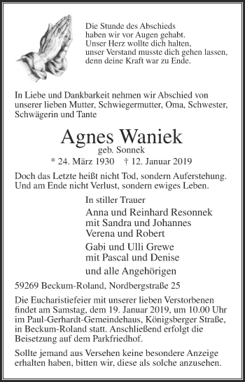 Traueranzeige von Agnes Waniek von Die Glocke