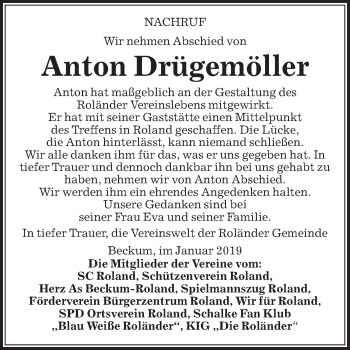 Traueranzeige von Anton Drügemöller von Die Glocke