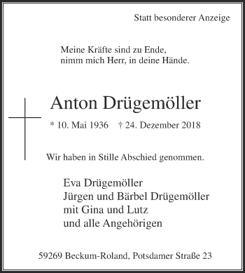 Traueranzeige von Anton Drügemöller von Die Glocke