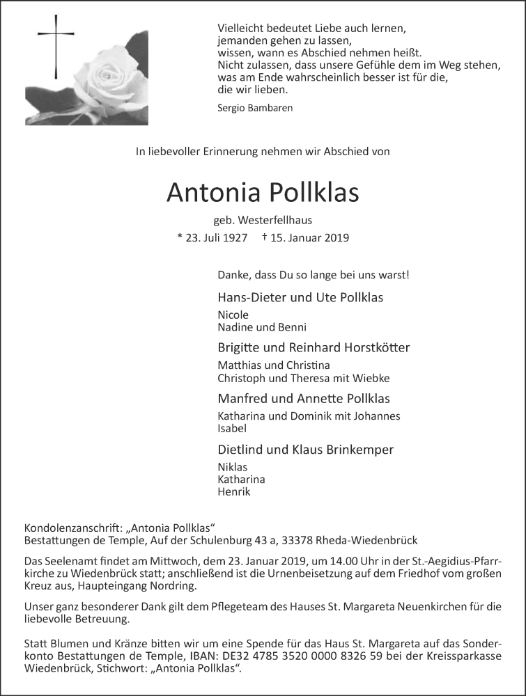  Traueranzeige für Antonia Pollklas vom 18.01.2019 aus Die Glocke