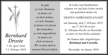Traueranzeige von Bernhard Droste von Die Glocke