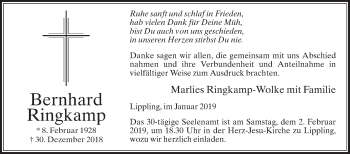 Traueranzeige von Bernhard Ringkamp von Die Glocke