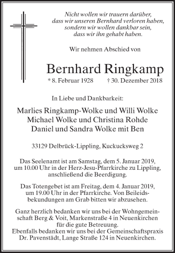 Traueranzeige von Bernhard Ringkamp von Die Glocke