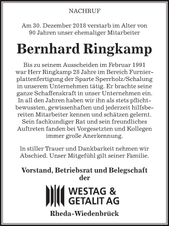 Traueranzeige von Bernhard Ringkamp von Die Glocke