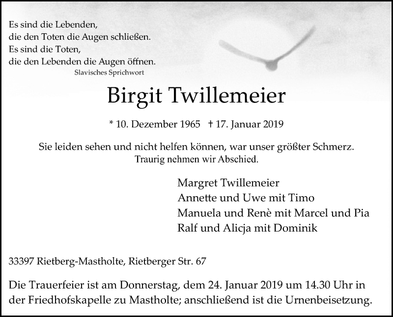  Traueranzeige für Birgit Twillemeier vom 23.01.2019 aus Die Glocke
