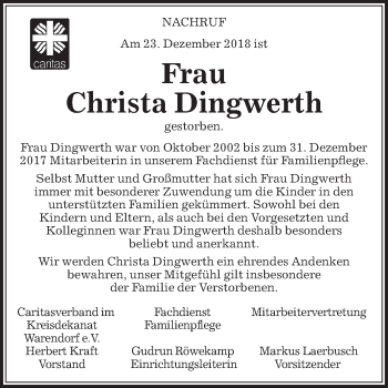 Traueranzeige von Christa Dingwerth von Die Glocke