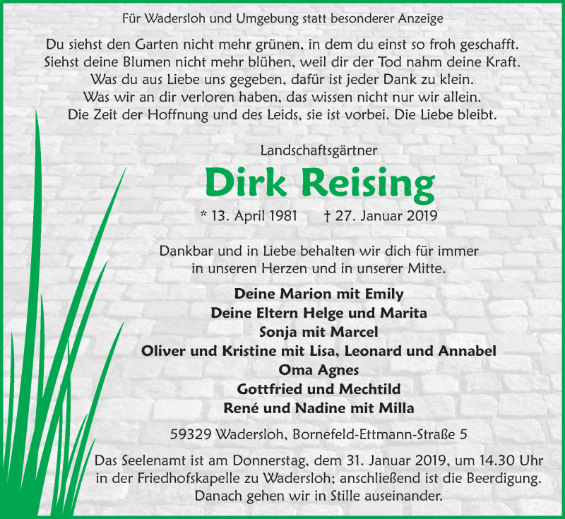  Traueranzeige für Dirk Reising vom 29.01.2019 aus Die Glocke