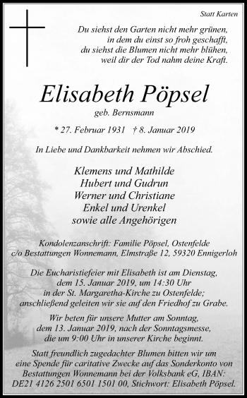 Traueranzeige von Elisabeth Pöpsel von Die Glocke