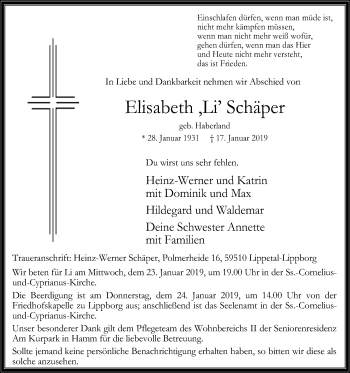 Traueranzeige von Elisabeth Schäper von Die Glocke