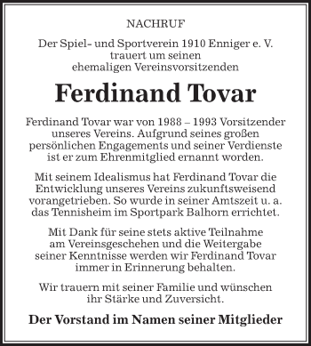Traueranzeige von Ferdinand Tovar von Die Glocke