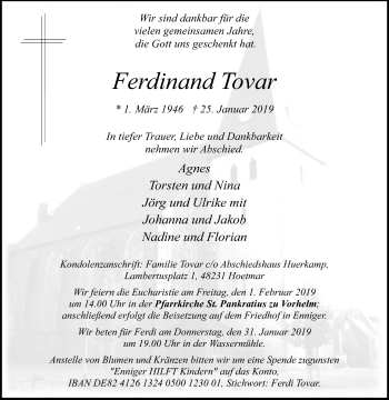 Traueranzeige von Ferdinand Tovar von Die Glocke