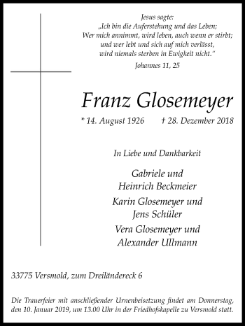 Traueranzeige von Franz Glosemeyer von Die Glocke