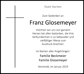 Traueranzeige von Franz Glosemeyer von Die Glocke