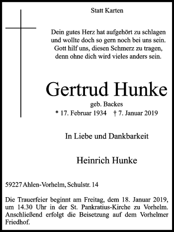 Traueranzeige von Gertrud Hunke von Die Glocke