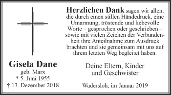 Traueranzeige von Gisela Dane von Die Glocke