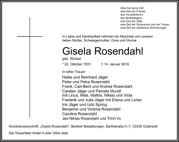 Traueranzeige von Gisela Rosendahl von Die Glocke