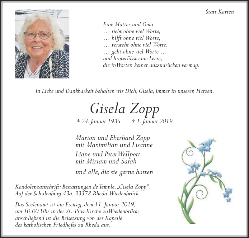  Traueranzeige für Gisela Zopp vom 05.01.2019 aus Die Glocke