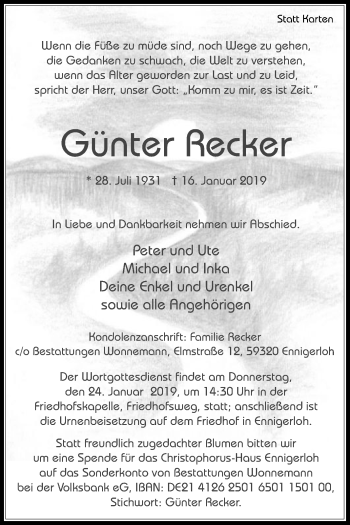 Traueranzeige von Günter Recker von Die Glocke