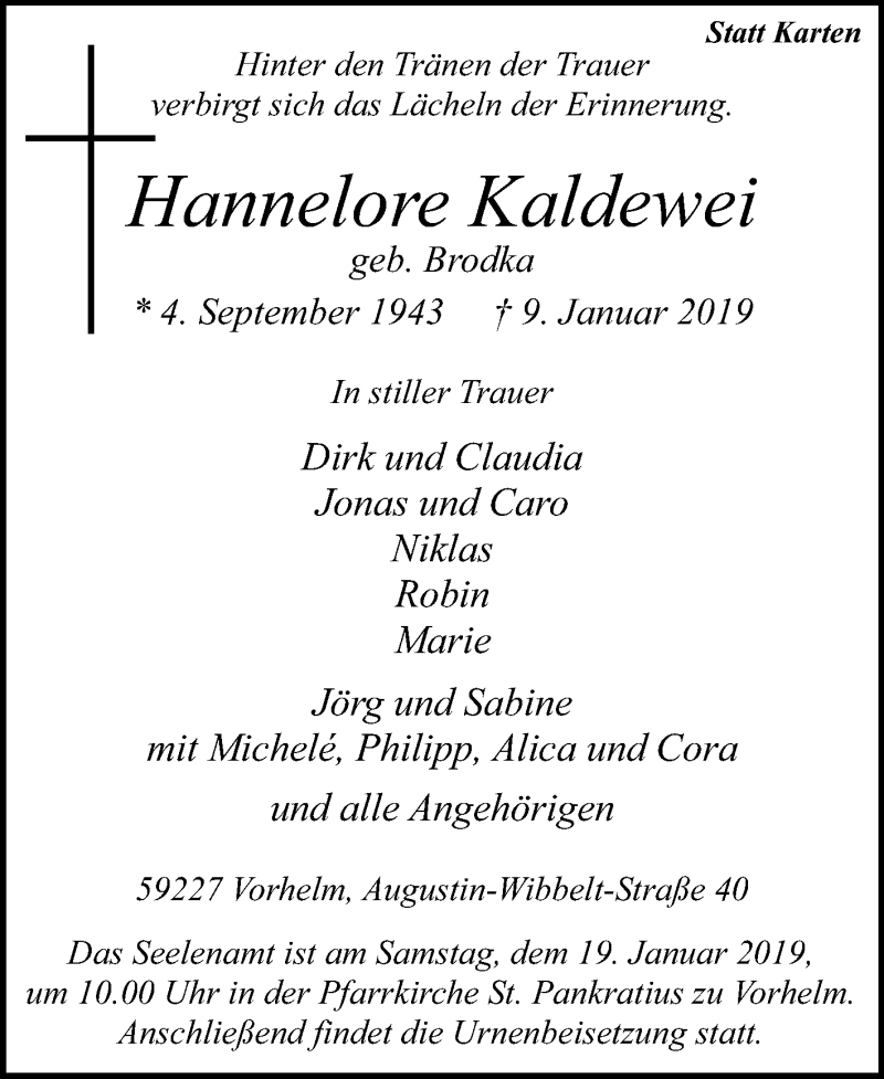  Traueranzeige für Hannelore Kaldewei vom 16.01.2019 aus Die Glocke