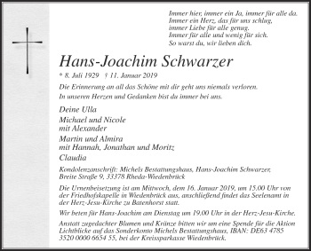 Traueranzeige von Hans-Joachim Schwarzer von Die Glocke
