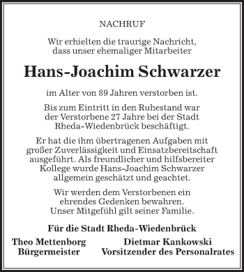 Traueranzeige von Hans-Joachim Schwarzer von Die Glocke