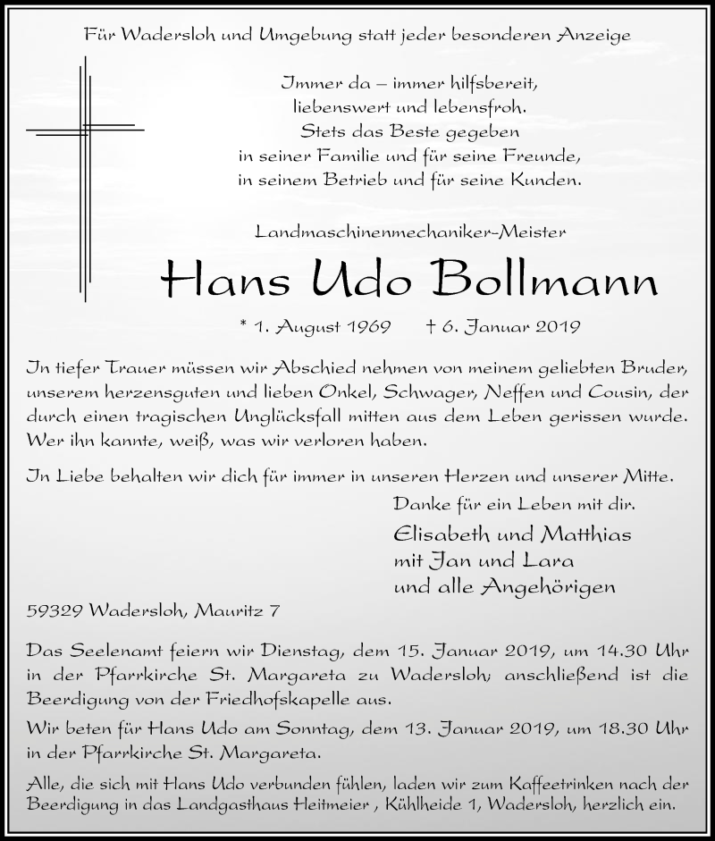  Traueranzeige für Hans Udo Bollmann vom 12.01.2019 aus Die Glocke