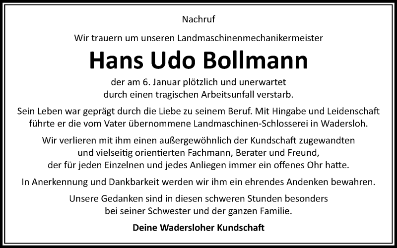  Traueranzeige für Hans Udo Bollmann vom 14.01.2019 aus Die Glocke