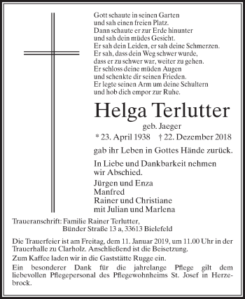 Traueranzeige von Helga Terlutter von Die Glocke